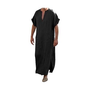 Caftano Uomo Musulmano A Righe – Abito Islamico Thobe In Cotone E Lino, Maniche Lunghe, Scollo A V, Casual E Preghiera