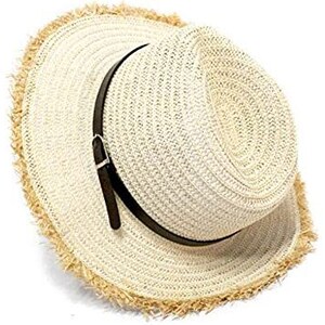 Qinfan Cappello da sole da donna in paglia Floppy, con tesa larga, pieghevole, da spiaggia, con fiocco, Blu, Taglia unica