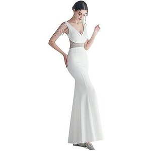 Abito Da Sera Donna In Pizzo - Scollo A V, Coda Di Pesce, Maniche A Lanterna, Sexy Per Matrimoni E Feste