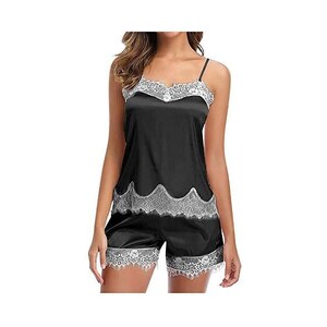 Laura in - Set di 5 Pigiami in Seta Raso con Pizzo Ricamato, Pigiama Biancheria da Notte da Donna, Vestito Kimono, Camicia da Notte, Top, Pantaloncini e Pantaloni Lunghi. NeroL/XL1108