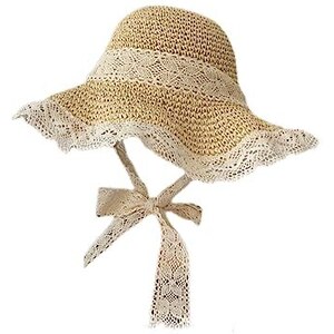 Con cappello parasole blu da donna a tesa larga, visiera in paglia, visiera pieghevole da spiaggia, cappello da spiaggia estivo da arrotolare, caffè, Taglia unica