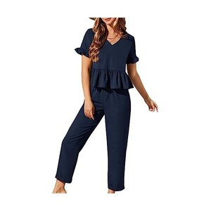 Floerns Abito da donna a maniche corte con scollo a V stampato a righe taglie forti, Solido con volant nero, XX-Large Più