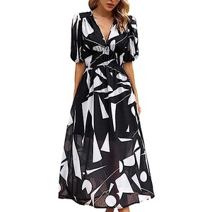 Abito Scampanato Elegante Con Maniche Avvolgenti - Scollo A V, Stile Europeo, 100% Poliestere, Donna