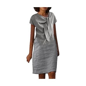 Abito da donna senza maniche, in cotone e lino, vintage, tinta unita, estivo, in lino, con scollo rotondo, maxi abito da spiaggia, taglie forti, per