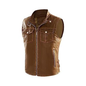 Gilet In Pelle E Denim Stile Motociclista - 6 Tasche, Fodera In Denim, Taglia Regolabile