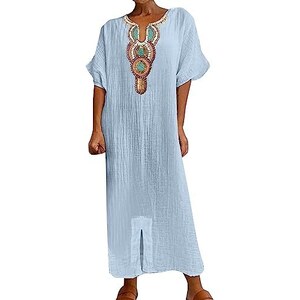 Abito camicia da donna in cotone e lino, casual, ampio, tinta unita, casual, con maniche, bianco, XXL