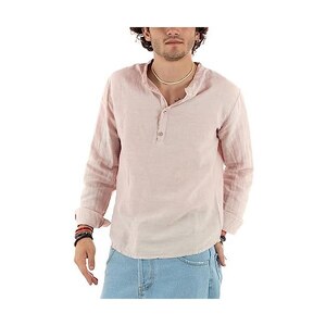 Camicia Uomo Stile Henley Maniche Corte Bottoni Tinta Unita Classico