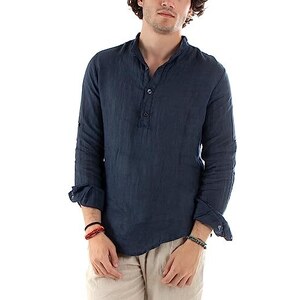Camicia Henley Uomo Maniche Corte – Cotone Elastico, 3 Bottoni, Tinta Unita, Vestibilità Aderente, Blu Lago, Taglia L