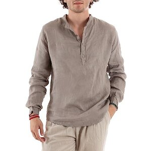 Tomwell Camicia Uomo In Lino Con Colletto Alla Coreana – Manica Lunga, Tinta Unita, Leggera, Casual, Taglia EU, Cachi XL - 3