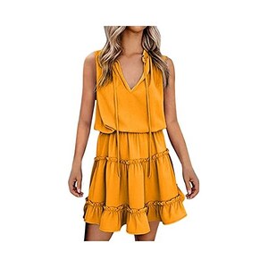 CixNy Abito estivo da donna, plissettato, tinta unita, casual, a maniche corte, girocollo, elegante, a strati, di media lunghezza, con tasche, maxi abito da donna, Gn1, S