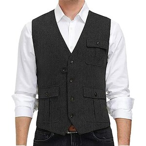 Gilet da uomo con paillettes e papillon slim fit con scollo a V, per discoteca, ballo di fine anno, per feste, matrimoni, sposo, blu, S