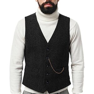 Gilet Uomo Elegante In Tweed Lana - Scollo A V Slim Fit Per Cerimonie E Business