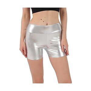 Pantaloncini Metallici Lucidi Donna Con Vita Alta E Coulisse – Effetto Laser Per Feste Rave, Anni '80 E Carnevale – Inclusi Occhiali Olografici
