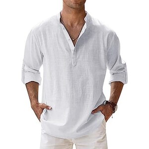 Camicia Uomo In Cotone E Lino - Henley Manica Lunga, Casual E Comoda Per Estate - Foto 8
