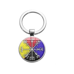 Ciondolo Portachiavi Vegvisir Bussola Vichinga Con Rune - Metallo E Vetro Bianco/Nero