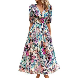 Vestito Estate In Cotone E Lino | Abito Lungo Girocollo Stampato | Vita Allentata Taglie S-3XL - Foto 11