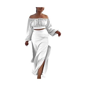 KUNLIHUANG Abito A 2 Pezzi Da Donna - Crop Top E Gonna Con Spacco In Tinta Unita, Elasticizzato, Per Vacanze E Serate - 3