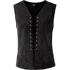 Gilet Steampunk Nero In Camoscio Senza Maniche Con Lacci