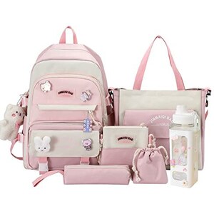 Set di cinque pezzi Coquette Zaino per la scuola con ciondolo carino Kawaii Daypack borsa di scuola di grande capacità borse estetiche, nero