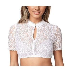 Camicetta tradizionale Dirndl da donna, taglie grandi, a mezza manica bianca, camicetta tradizionale Dirndl, camicetta in pizzo, scollo rotondo, sexy, per Oktoberfest, bianca, elegante, bianco, S