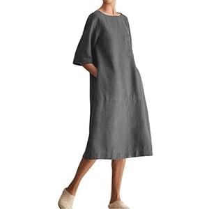 Yowablo Summer Casual Womens 3 Of 4 Sleeve Girocollo Abito Boho Allentato Con Tasche Prendisole Tinta Unita Porta Toga 123089578
