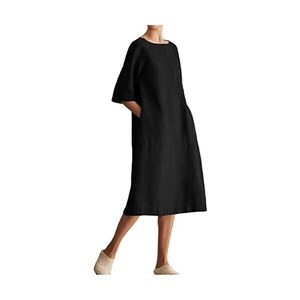 Camicetta in lino da donna, elegante, in cotone, lino, con scollo a V, a maniche corte, large, oversize, per il tempo libero, per le vacanze, a tunica, BU1, S