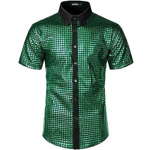 JOGAL Camicia Uomo Paillettes Anni '70 - Manica Lunga Discoteca, Blu Reale E Argento, Taglia M - 3