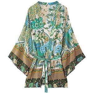 Accappatoio Kimono Lungo In Cotone 100% Per Donna – Stampa Floreale, Legaccio, Made In India