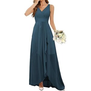 PAVERJER Abito Lungo Damigella D'Onore In Chiffon Con Scollo A V E Spacco, Nero, Taglia 42, Eleganza Cerimonia