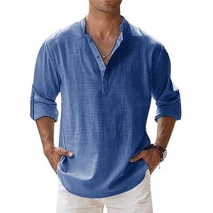 Camicia Uomo In Cotone E Lino - Henley Manica Lunga, Casual E Comoda Per Estate - Foto 3