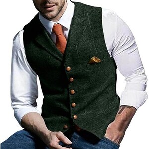 COSKTIARL Gilet Formale Da Uomo - Gilet Slim Fit Verde Militare Da Uomo Abito In Tweed Abbigliamento Da Lavoro Colletto Rovesciato Senza Maniche Stile Punk Gilet Da Uomo Monopetto Stile A Xl 123923385