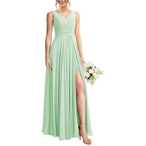 N/ C Abito da damigella d'onore in chiffon con maniche a pipistrello da donna con maniche a V lungo abito da sera formale C001, Argento, 34