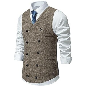 Gilet Uomo Doppio Petto In Lana Tweed – Vintage, Senza Maniche, Perfetto Per Matrimoni E Cerimonie - 3