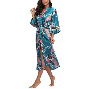 Kimono Accappatoio Trifolium In Satin | Stampa Pavone E Fiori Turchese | Set Per Damigelle