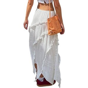 Gonna Lunga Donna Vita Alta Elasticizzata Modello Boho Maxi - A-Line Leggera Con Coulisse, Estate, Taglie S- XL (Rosa Chiaro/Bianco)