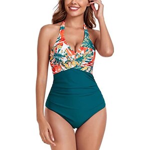 CUPSHE Costume da bagno intero da donna con scollo a V e cuciture incrociate regolabili con spalline increspate, Marrone/foglia di tè, XS