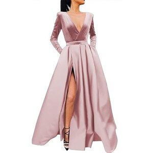 Abito Midi Donna Yageshark Maniche Lunghe Con Scollo A V, Morbido E Leggero, Tinta Unita Elegante E Casual, Per Tutte Le Stagioni, Taglie UE Dalla S Alla 2XL