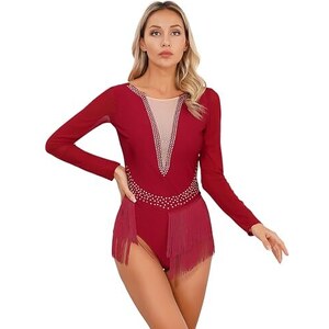 Abito Da Pattinaggio Su Ghiaccio Donna Maniche Lunghe Con Strisc, Body Da Danza Corto
