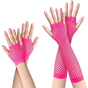 2 Paia di Guanti a Rete Lunghi e Corti, Guanti a Rete Senza Dita, per Danza, Discoteca, Costume, Accessori per Feste,Viola, Long, Short