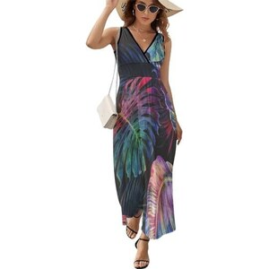 Abito lungo estivo da donna, stile bohémien, senza maniche, a balze, con increspature, con allacciatura posteriore, per spiaggia, vacanze, prendisole, Blu, S