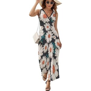 Abito Lungo Estivo Da Donna Senza Maniche - Scollo A V, Vita Stretta, Orlo A Volant E Balze - Stile Bohémien Floreale Per Spiaggia E Tempo Libero