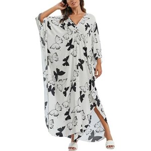 Caftano Donna In Cotone - Abito Lungo Da Spiaggia Maxi - Copricostume Legero Con Scollo A V