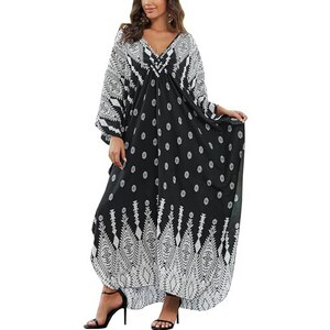 Caftano Donna In Cotone - Abito Lungo Da Spiaggia Maxi - Copricostume Legero Con Scollo A V