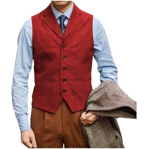 Solovedress Gilet Da Abito Da Uomo Elegante Tweed Panciotto Casual Smanicato Risvolto Dentellato Per Lavori Di Matrimonio Rosso L 103748976