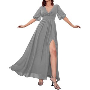 Abito Da Damigella D'Onore In Chiffon Con Maniche A Piega E Scollo A V – Colore Borgogna, Taglia 50 – Lungo Fino Al Pavimento - 2