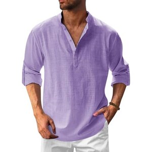COOFANDY Camicia da uomo in cotone lino Henley manica