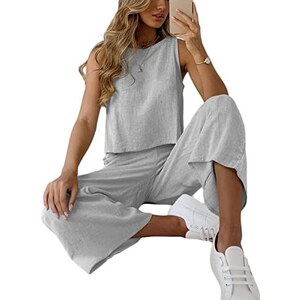 Floerns Completo 2 Pezzi Donna - Tuta Canotta Senza Maniche E Pantaloni A Gamba Dritta, Tessuto Elasticizzato A Costine, Taglie XS-L