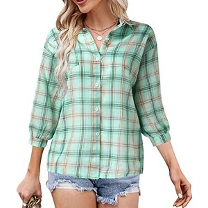 Camicia Estiva Uomo A Quadri Verde, Maniche Corte, Mix Cotone E Lino, Taglia M, Con Tasca - 3