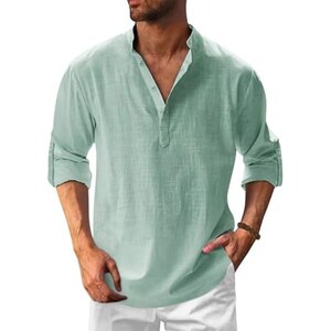 Onsoyours Uomo Camicia In Lino Manica Lunga Henley Shirt Con Bottoni