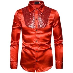 Camicia Uomo In Raso Con Paillettes - Maniche Lunghe Per Discoteca E Serate In Club - 6